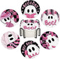 Drink Coasters for Drinks Set of 6, Pink and Black Cute Ghosts Absorbent Round Ceramic Stone Mat Coaster, with Cork Base and Metal Holder, Home Bar Decor House Warming Gift
