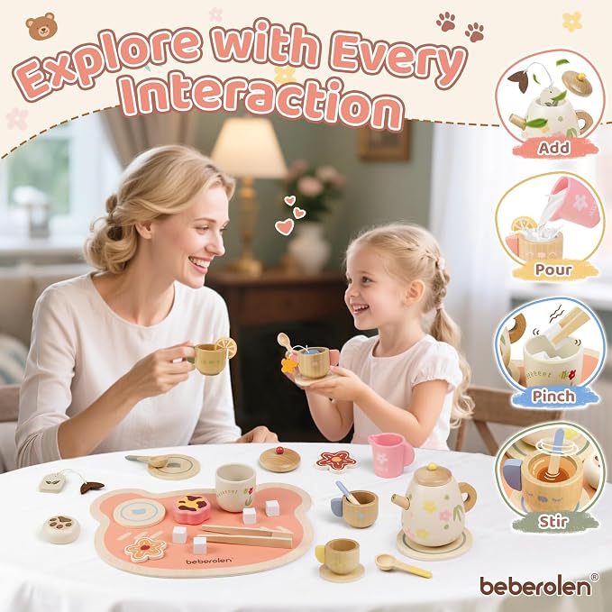 Wooden Tea Set for Little Girls Birthday Gift 3 4 5 Year Old Tea Party | - Image 5