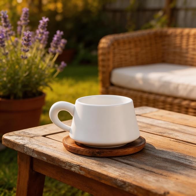Set of 1 Ceramic Tea White Cup and Wood Saucer - 7 oz Tea Mug - Wide Cappuccino - Image 2
