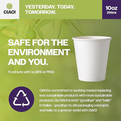 CIAO! 10oz White Paper Hot Cup, Disposable, 80mm Diameter 500 Count