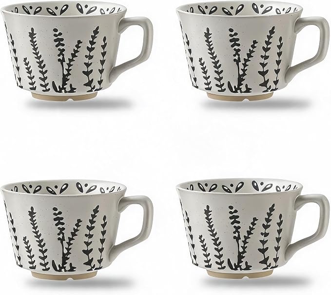 4 Pack 12oz Speckled Stoneware Coffee Mugs, Vintage Black Seaweed Botanical by Tvvtuww