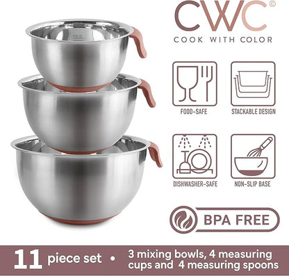 COOK WITH COLOR Stainless Steel Mixing Bowls Set and Measuring Cups- Nesting Bowls with Non-Slip Bottom and Easy-Grip Handles, Rose, 11 Pieces