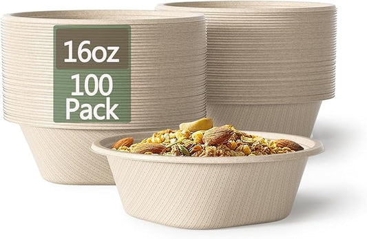 Homestockplus 16 Oz Disposable Paper Bowls - Heavy Duty Small Disposable Bowls - Made from Natural Bagasse for Cereal, Rice, French Fries - Convenient and Compostable [100/Pack]