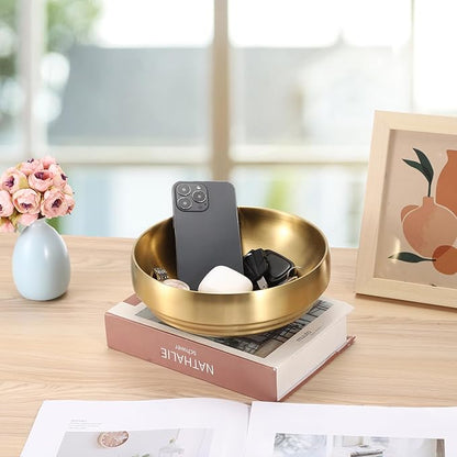 8.3" Golden Key Bowl for Entryway Decorative Key Holder Round Fruit Dish Stainless Steel Catch All Bowl for Coffee Table Kitchen Counter Home Decor