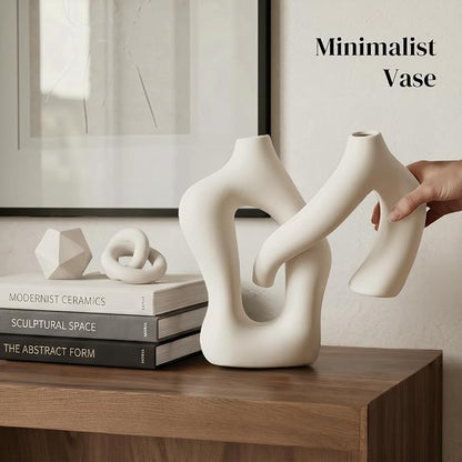 Dowan White Vases for Decor, Hollow Ceramic Vase Set of 2, 8.3" Nordic Modern - Image 4