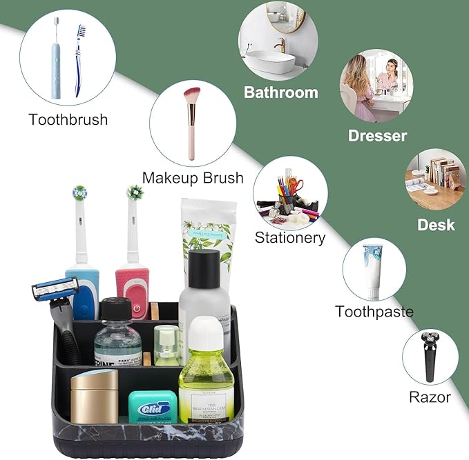 Chintu Toothbrush Holders for Bathroom Counter Organizer - 6 Slots Tooth Brushing Holder for Family Kids, Electric Toothbrush and Toothpaste Holder for Vanity Countertop Storage Black Marble