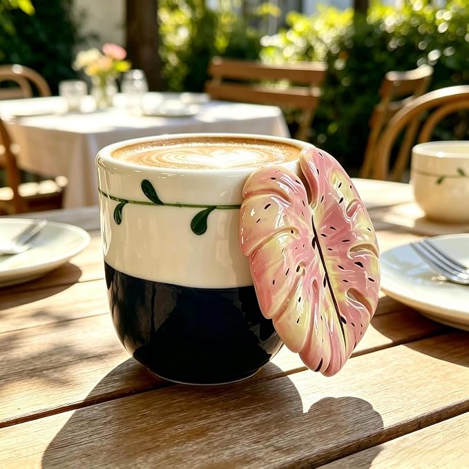 Leaf Handle Ceramic Coffee Mug, Flower Mug 10oz - Image 2