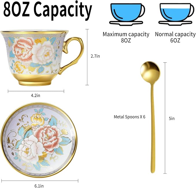 Tea Cups and Saucers Sets of 6, 8 Oz Floral Tea Cups - Image 3
