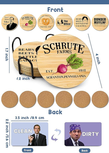 The Office TV Show Merchandise,6 PCS Cork Coasters for Drinks,Funny Set with Coasters Holder,The Office TV Fans Clean Dirty Dishwasher Magnet,Refrigerator Sign Kitchen Decor Gifts