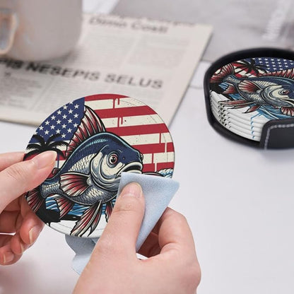 Patriotic Us Flag Fish Leather Coasters Set of 6 - Image 6