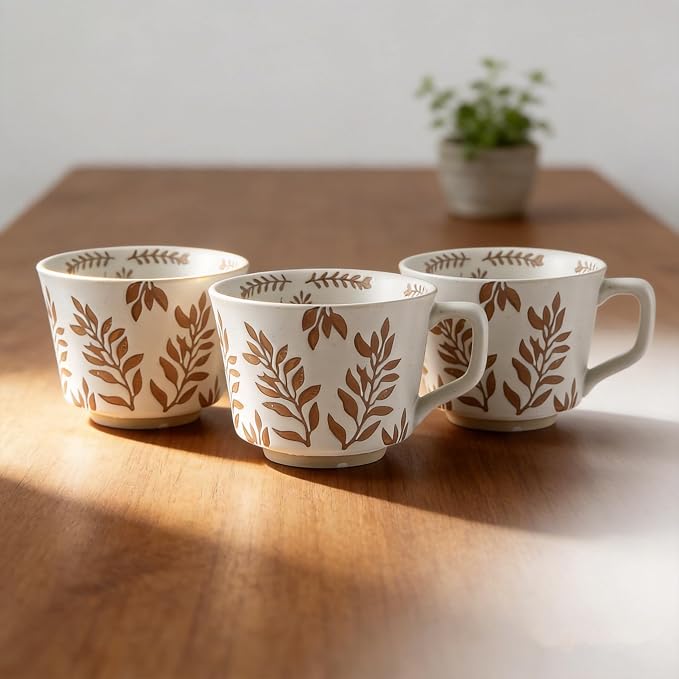 4 Pack 12oz Embossed Leaf Ceramic Coffee Mugs, Vintage Speckled Stoneware Tea - Image 6