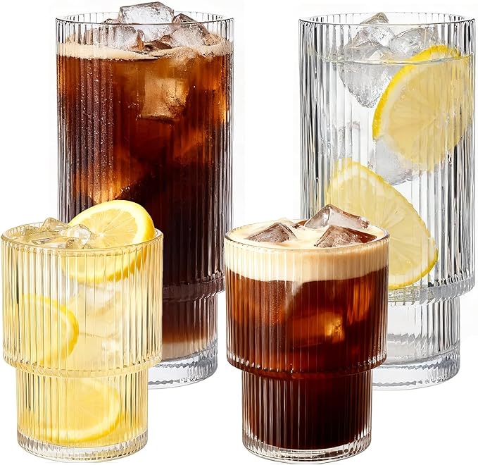Ribbed Drinking Glasses Set of 4, Stackable Cute Kitchen Glasses Cups 16oz and by Salpae