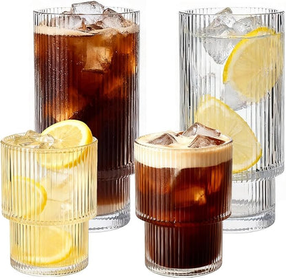 Ribbed Drinking Glasses Set of 4, Stackable Cute Kitchen Glasses Cups 16oz and by Salpae