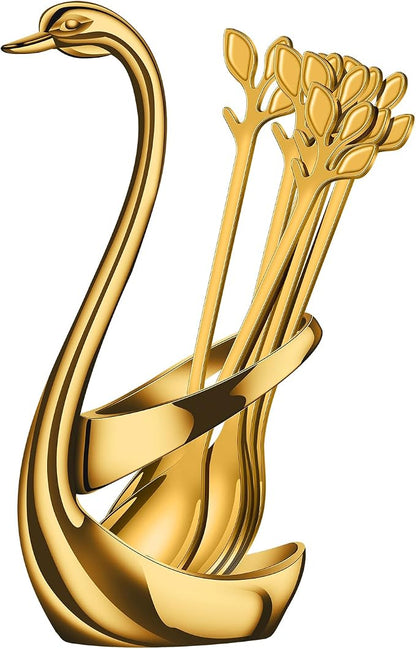 AnSaw Gold Swan Base With 10-Pcs Mini Leaf Coffee Spoon Holder Set - Image 2