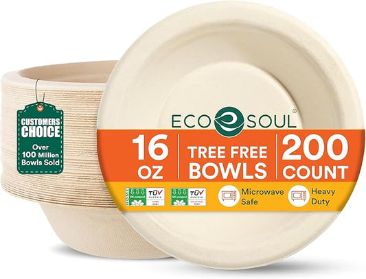 ECO SOUL 100% Compostable 16 Oz Soup Bowls [2 Packs of 100] Disposable Sturdy I Heavy Duty Paper I Eco-Friendly Salad Bowl I Biodegradable Large