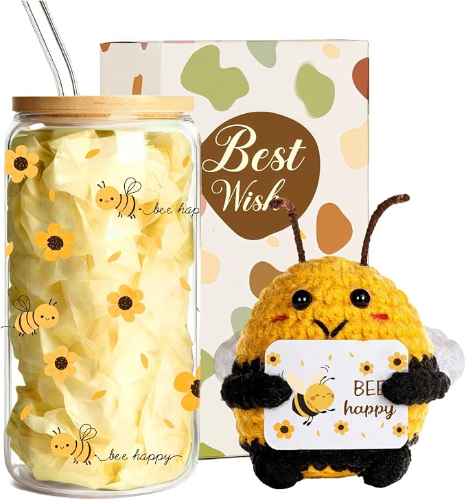 MUJUZE Bee Happy Glass Cup Gift Set, Bee Glass Cup by MUJUZE