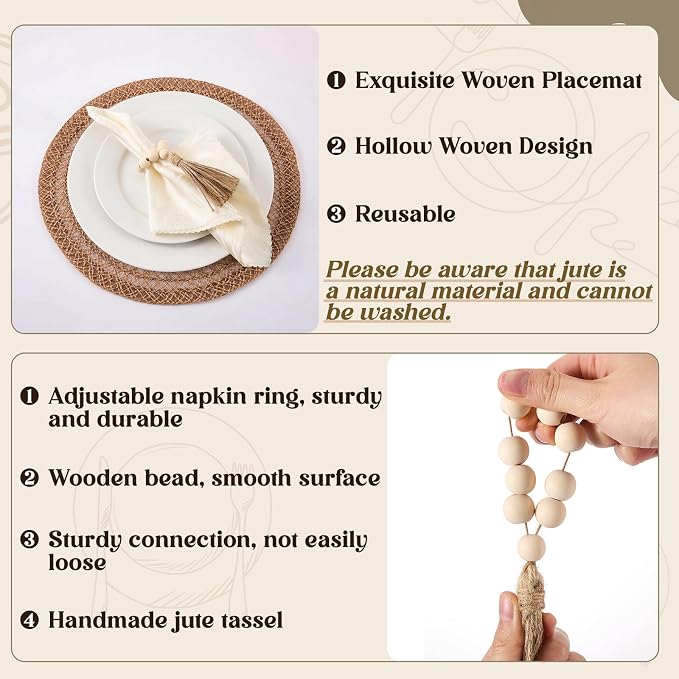 24 Pcs 15'' Burlap Boho Woven Placemat Wood Bead Napkin Rings - Image 5