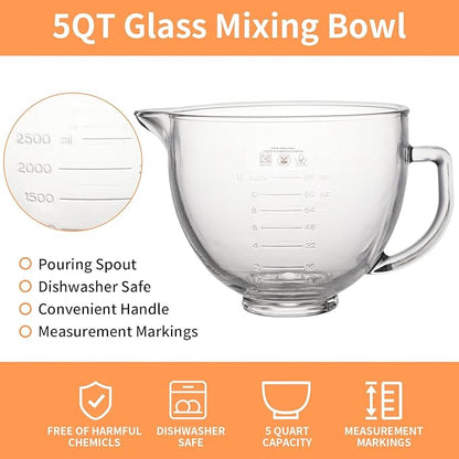 5QT Glass Bowl Compatible with KitchenAid 4.5 and 5-Quart Tilt Stand Mixers,Glass Mixing Bowl with Lid, Measurement Markers and Handle, Dishwasher Safe