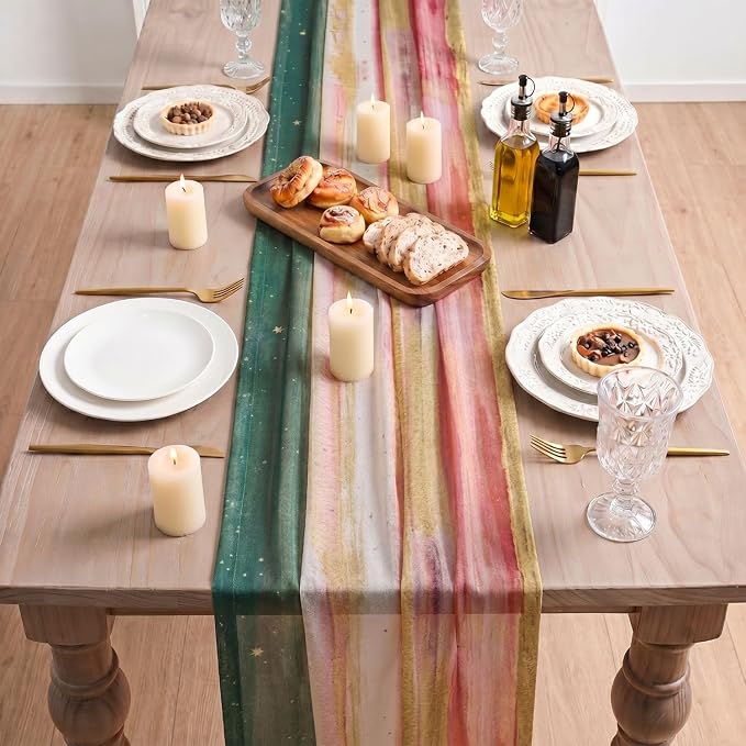 Artoid Mode Boho Green Red Stripes Christmas Chiffon Table Runner 120 Inches - Image 2