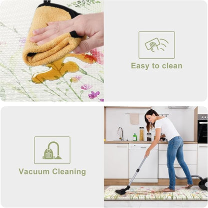 KIMODE Anti Fatigue Kitchen Mat for Floor, Farmhouse Floral Kitchen Rugs Sets of 2, Kitchen Floor Mats Non-Slip, Cushioned Standing Mat for Sink, Laundry, Desk, Home White 17"x47"+17"x29"
