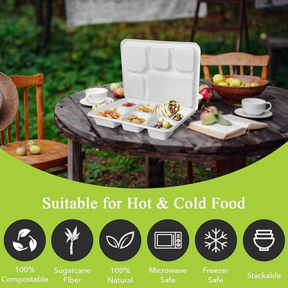 three leaf 5 COMPARTMENT MEAL TRAY WITH LID SET, 200 SETS. Heavy-Duty- Super Strong- Natural- Eco-Friendly Disposable Bagasse Tray with Lid, 100% Biodegradable Plates