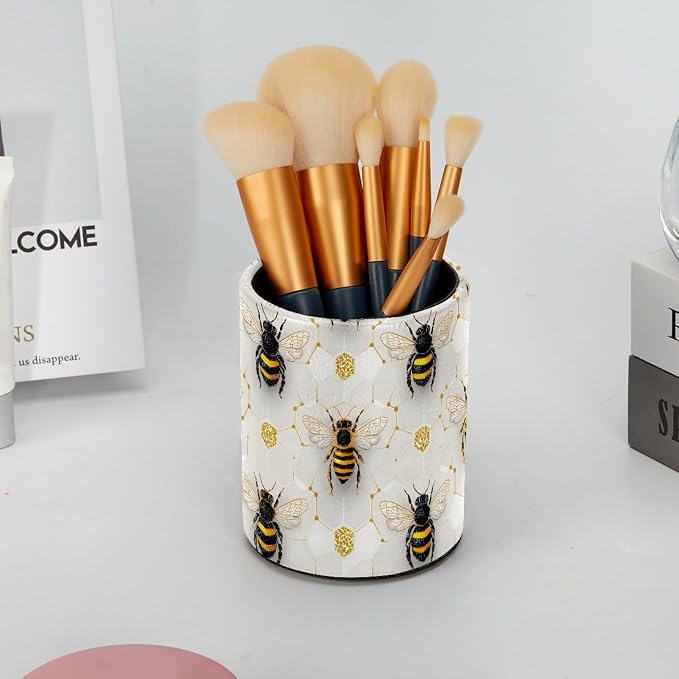 Leather Pen Holder for Desk, Honeycomb Bee Pencil Cup Pen Organizer Makeup - Image 6