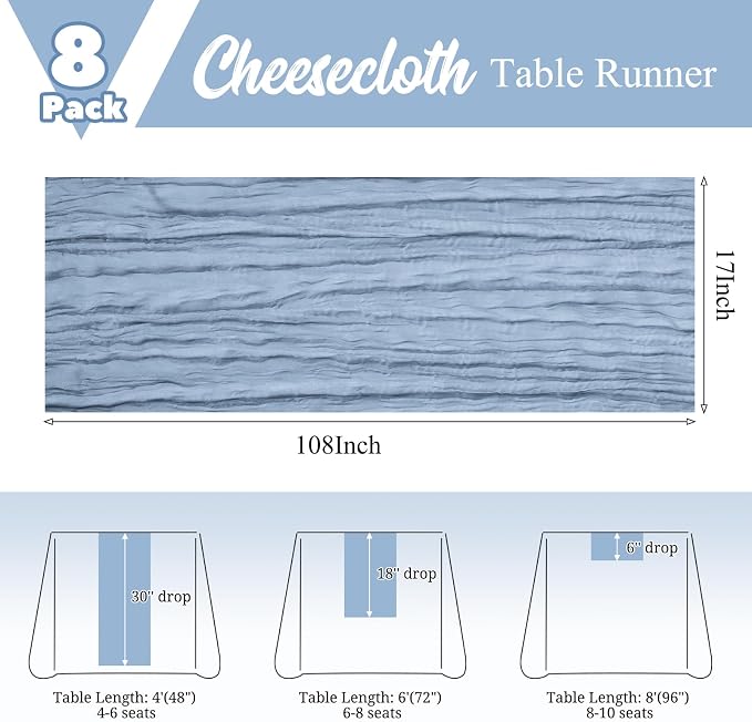 8 Pack Dusty Blue Table Runner 17 x 108inch Cheesecloth Table Runner Boho Gauze - Image 3