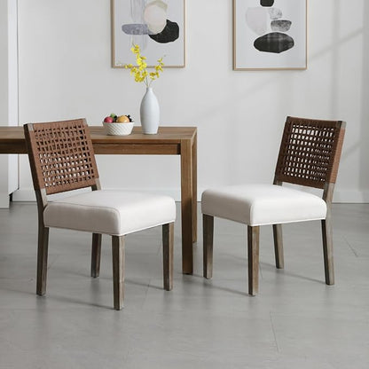 Farmhouse Dining Chairs Set of 6 Linen Fabric Upholstered Accent Side Chair, Mid Century Modern Kitchen & Dining Room Chairs with Woven Rope Back for Home, Living Room, Bedroom - Beige