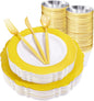 WDF 150pieces Yellow Disposable Dinnerware Hign-end Baroque Design - Sturdy&Durable Baroque Yellow Sunshine&Gold Plastic Dinnerware for Upscale Wedding & Thanksgiving Parties
