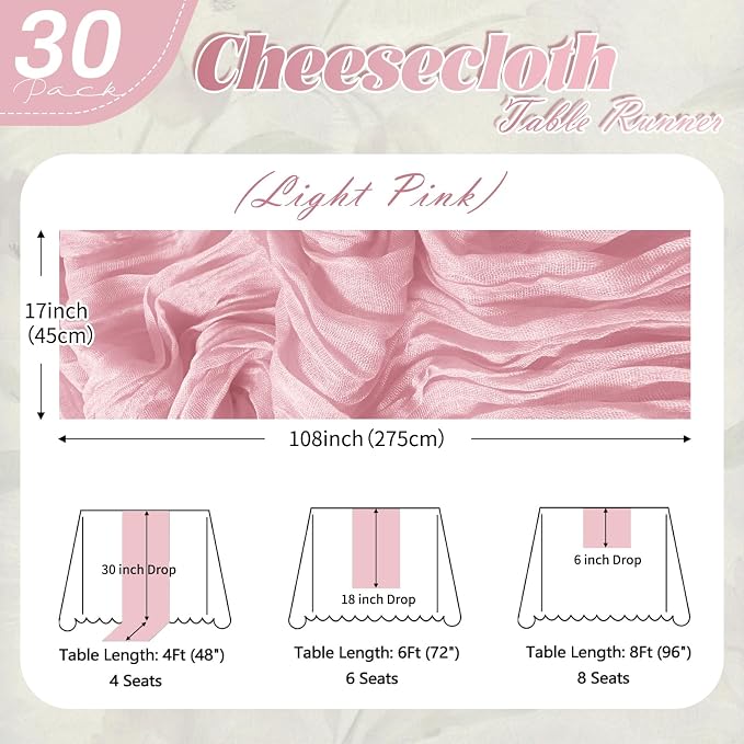 30 Pack Light Pink Cheesecloth Table Runner 17 x 108 inch Cheese Cloth Table - Image 2