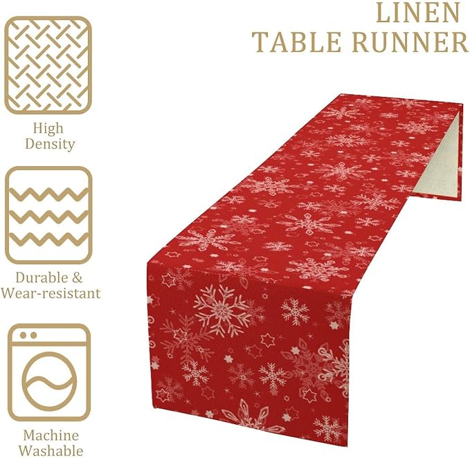 Red Snowflakes Christmas Table Runner, Seasonal Winter Holiday Kitchen Dining - Image 4