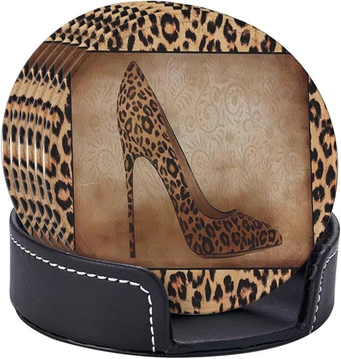 6 Pcs Leopard Print Brown Animal Texture High Heels Leather Coasters - Image 6