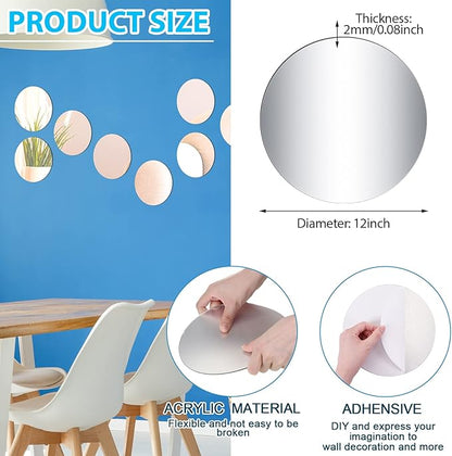 Cindeer Set of 24 Acrylic Round Mirror Plate Circle Mirror Trays Wedding Baby Shower Party Centerpieces for Tables Self Adhesive Non Glass Stickers for Home or Wall Candle Crafts Decor(12 Inch)