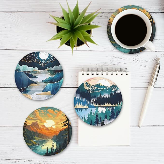Landscape Mountain Leather Drinks Coasters - Image 3