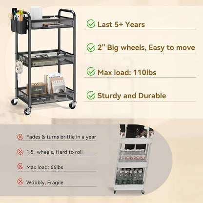 3 Tier Metal Rolling Cart, Art Workspace, Bedside Storage - Image 3