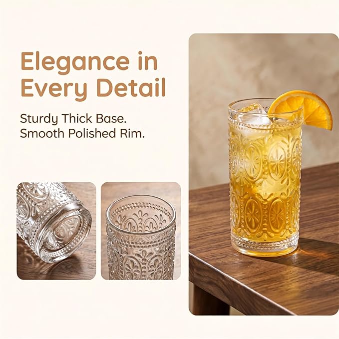 Bekith 6 Pack Romantic Drinking Glasses, 12 oz Highball Glasses, Thick Water - Image 5