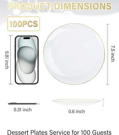 Nervure 100Pieces Clear and Gold Rim Plastic Plates - 7.5inch Disposabl Salad Dessert Plate - Clear and Gold Party Plates Ideal for Wedding & Party
