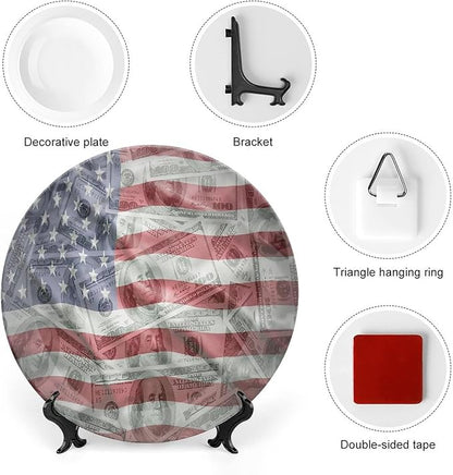 Ceramic Display Plate, American Flag Ceramic Hanging Decorative Plate, Dolar Exchange, 7 Inch, Living Room Kitchen Decoration Household, Multicolor