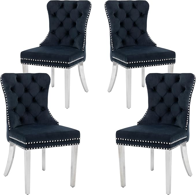 KCC Velvet Dining Chairs Set of 4, Upholstered High-end Tufted Dining Room Chair with Nailhead Back Ring Pull Trim Stainless Steel Legs, Contemporary Nikki Collection Modern Style for Kitchen, Black
