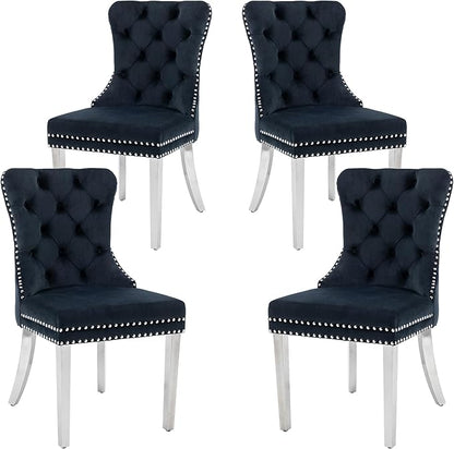 KCC Velvet Dining Chairs Set of 4, Upholstered High-end Tufted Dining Room Chair with Nailhead Back Ring Pull Trim Stainless Steel Legs, Contemporary Nikki Collection Modern Style for Kitchen, Black