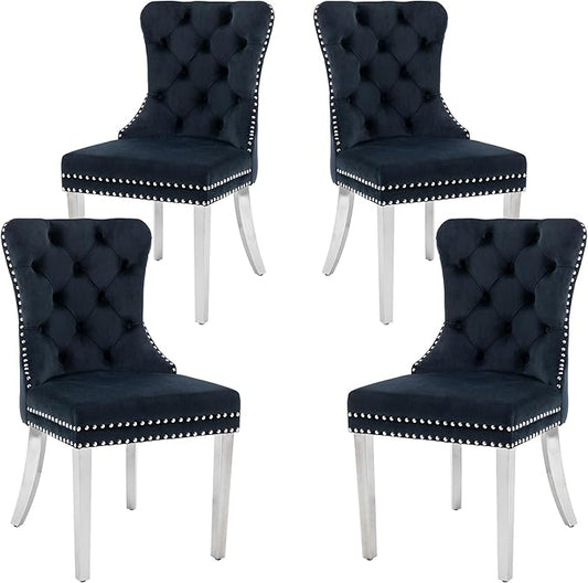 KCC Velvet Dining Chairs Set of 4, Upholstered High-end Tufted Dining Room Chair with Nailhead Back Ring Pull Trim Stainless Steel Legs, Contemporary Nikki Collection Modern Style for Kitchen, Black