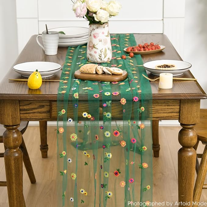 Artoid Mode Dark Green Embroidery Daisy Gauze Table Runner 120 Inch 10FT | - Image 2