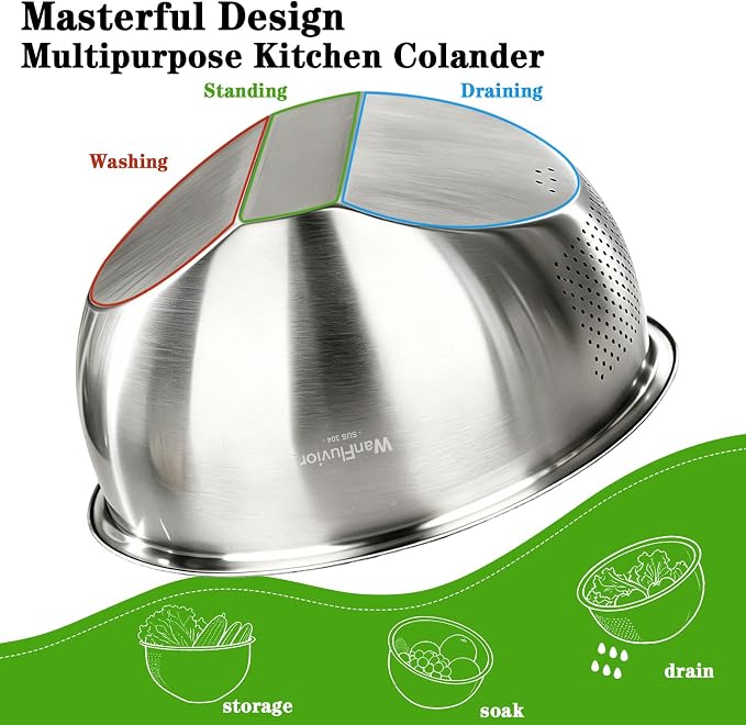 Rice Washer Strainer Bowl, 4 QT Stainless Steel Colander - Image 3