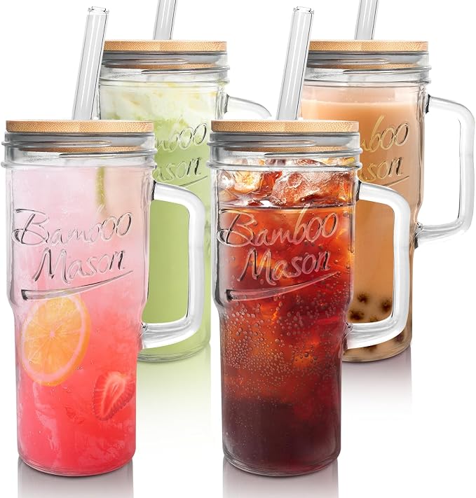 ANOTION Glass Cups with Lids and Straws - 24 oz Tumbler with Handle Christmas by ANOTION