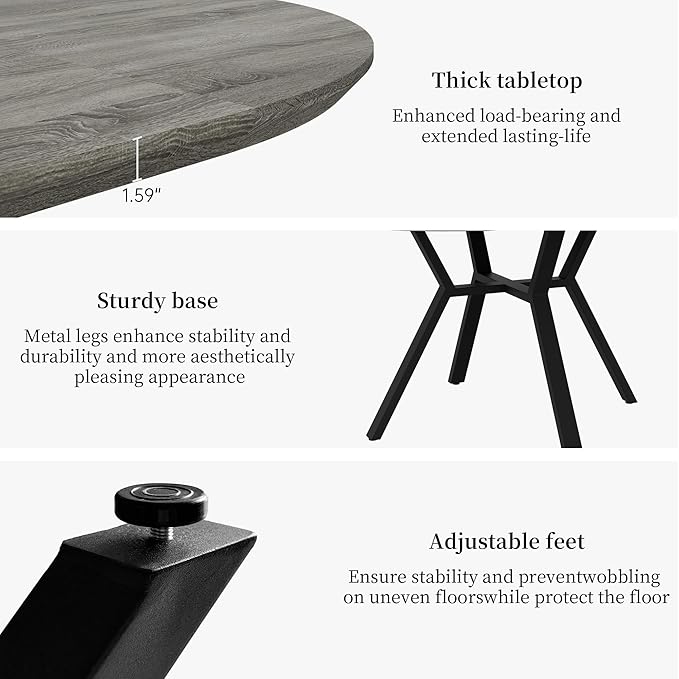 Extendable Round Dining Table Set for 4 People, 43.3"-59.1" Extendable Kitchen Table with 4 Upholstered Chairs, Space Saving for Kitchen Dining Room (Grey Table+4 U-Shaped Black Chairs)