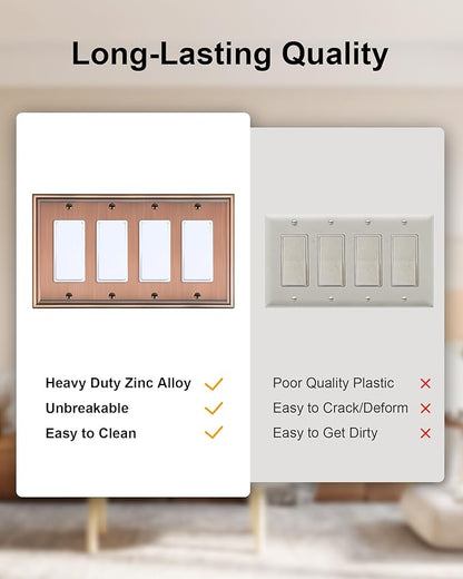 2-Pack Quad Decorator Outlet Cover Plate, Zinc Alloy Antique Copper Switch Plates and Outlet Covers, 4 Gang Wall Plates for Electrical Outlets, Receptacle, GFCI Outlet, Dimmer Switch