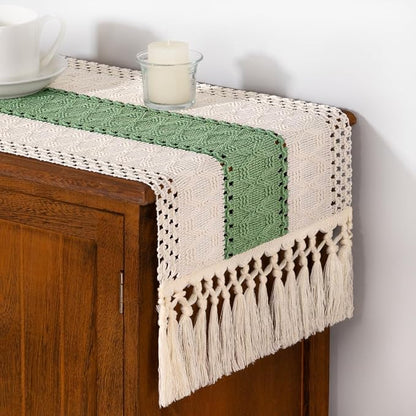 DeZerlor Ivory&Sage Green Boho Macrame Farmhouse Woven Table Runner 90Inch | - Image 4