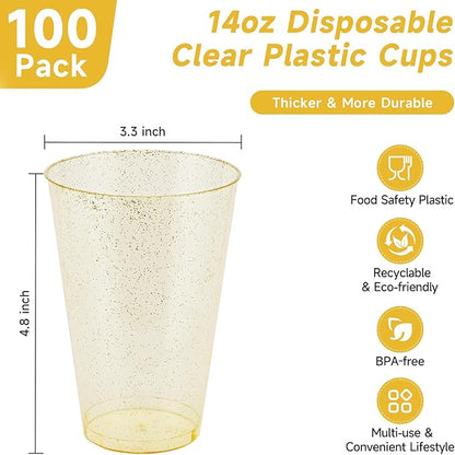 14oz Gold Glitter Plastic Cups, 100pcs Gold Cups Disposable, Elegant Plastic Cocktail Glasses, Fancy Party Cups for Wedding, Birthday, Holiday