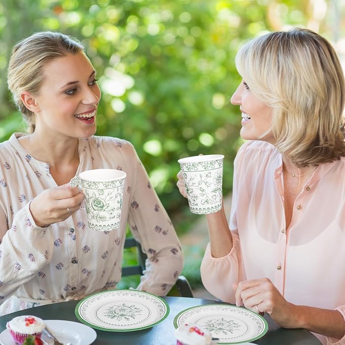 Whaline 80 Pcs Green White Floral Paper Tea Cups and Saucers Porcelain - Image 6