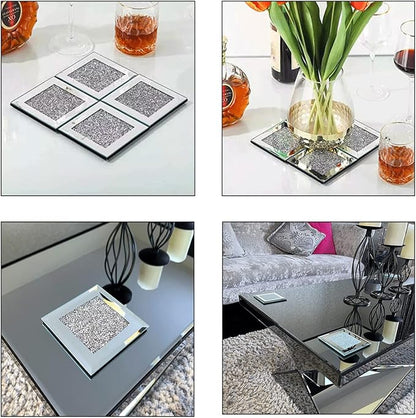 GIMORRTO Glass Mirrored Coaster 8 PC, Crushed Diamond Square Cup 4" Mat Decor - Image 3